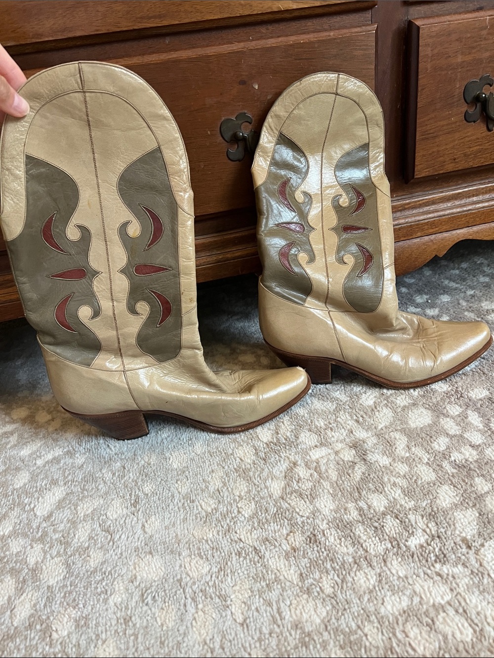 Neiman Marcus Cream and Olive Leather Embroidered Western Boots with Red Accents